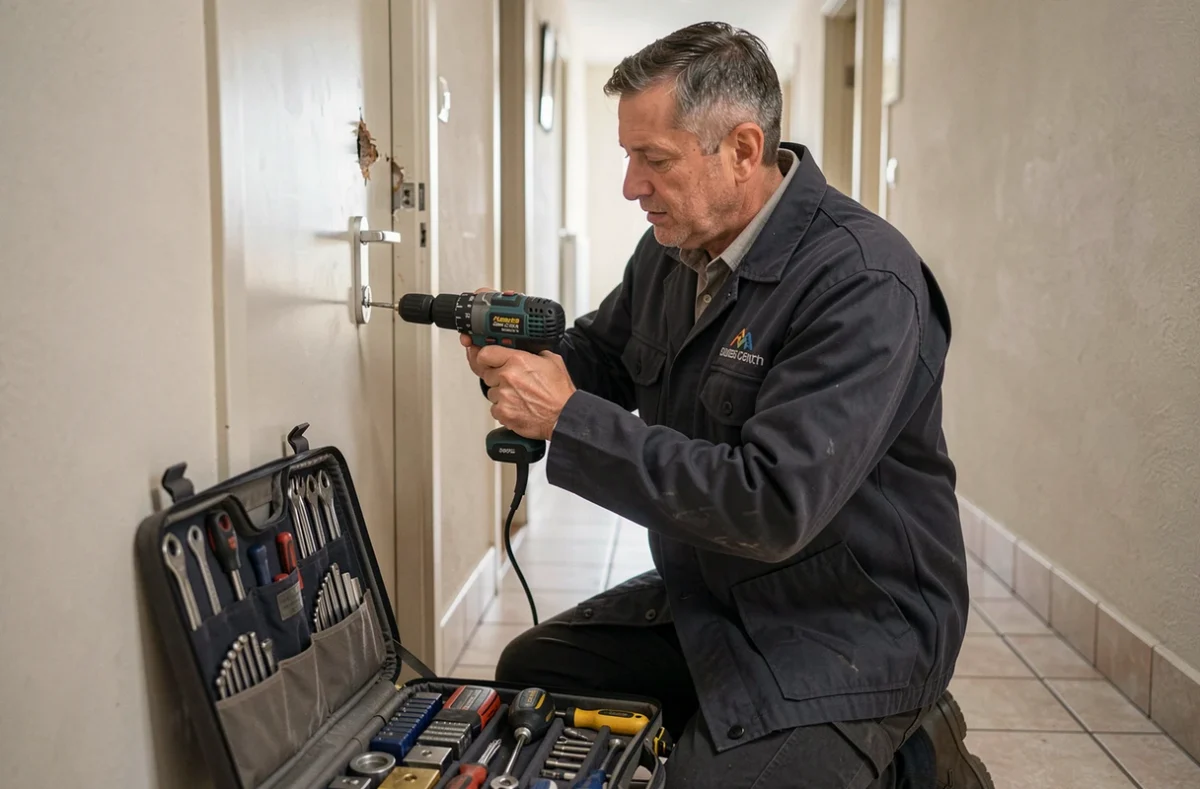 Technicien A.B.P. perçant une serrure endommagée dans un couloir d'immeuble résidentiel de la Drôme