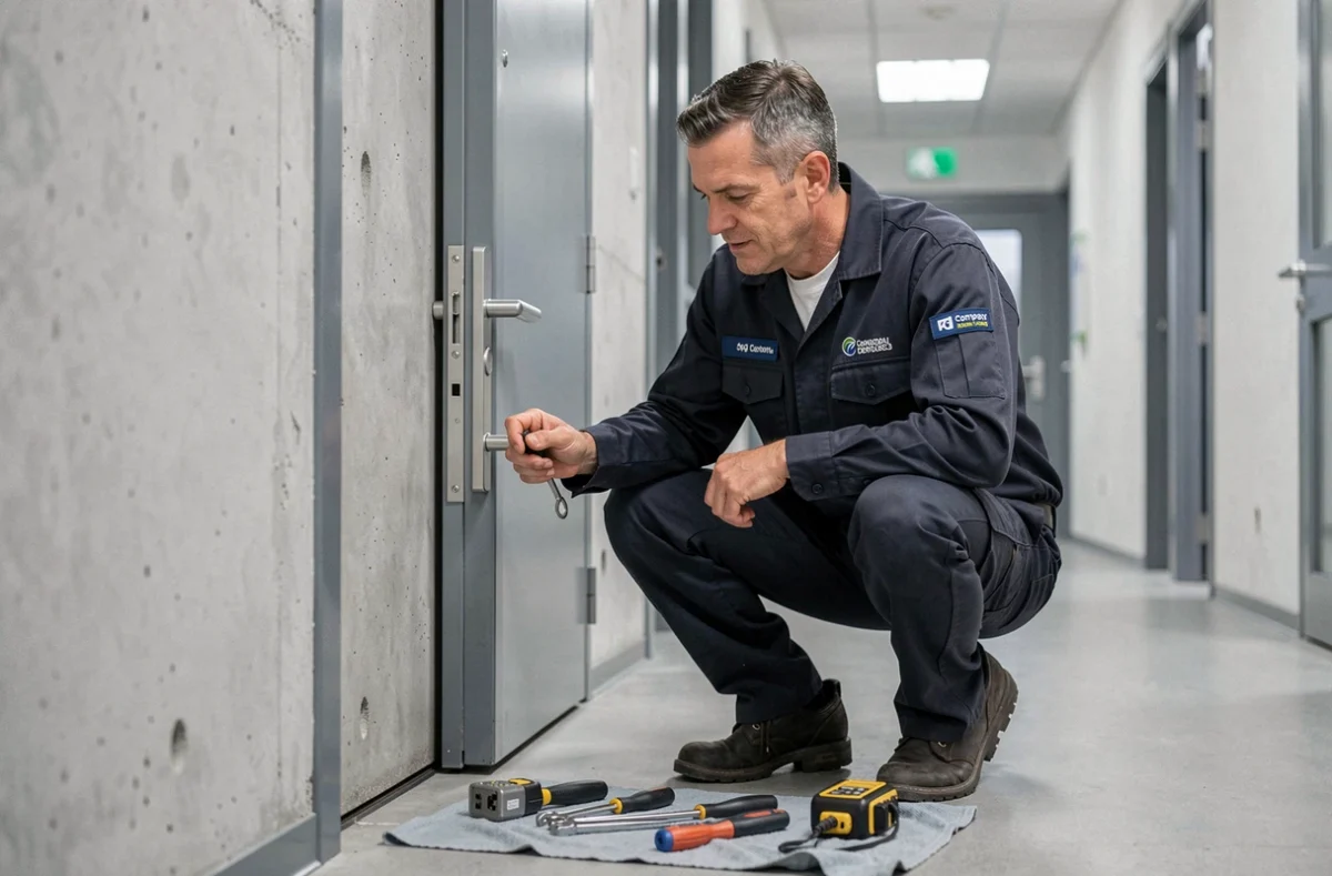 Technicien Ac Pro Serruriers SARL effectuant un dépannage professionnel sur une serrure commerciale dans la Drôme