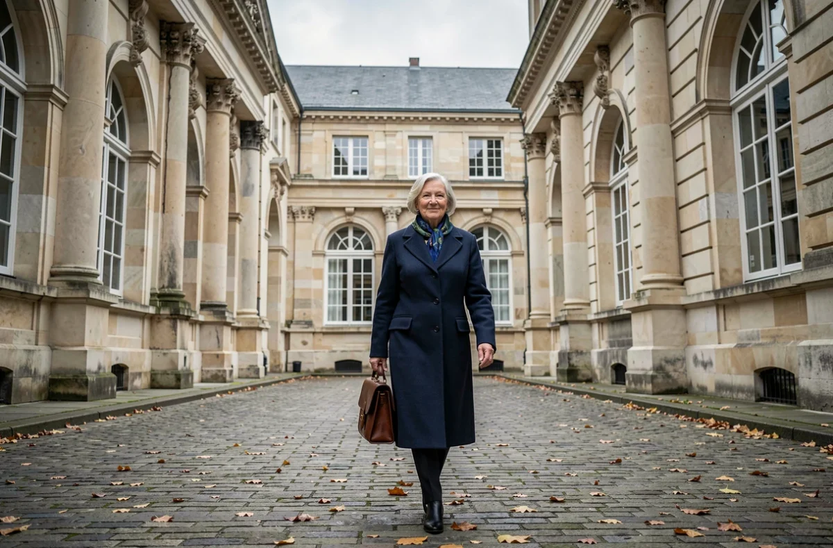 Femme académicienne âgée marchant dans la cour pavée d'une institution académique française classique en automne