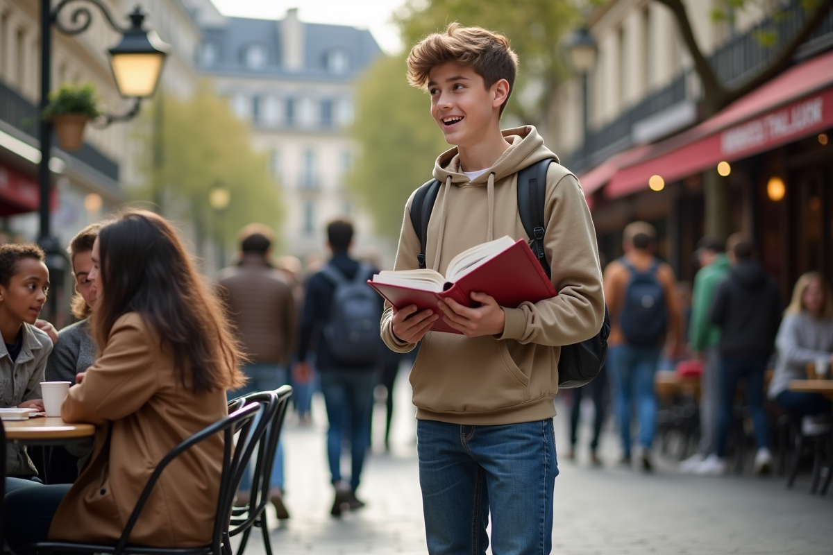 Adolescent parlant français dans un café parisien animé