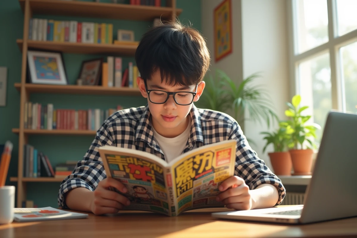 Adolescent lisant manga avec ordinateur dans le salon