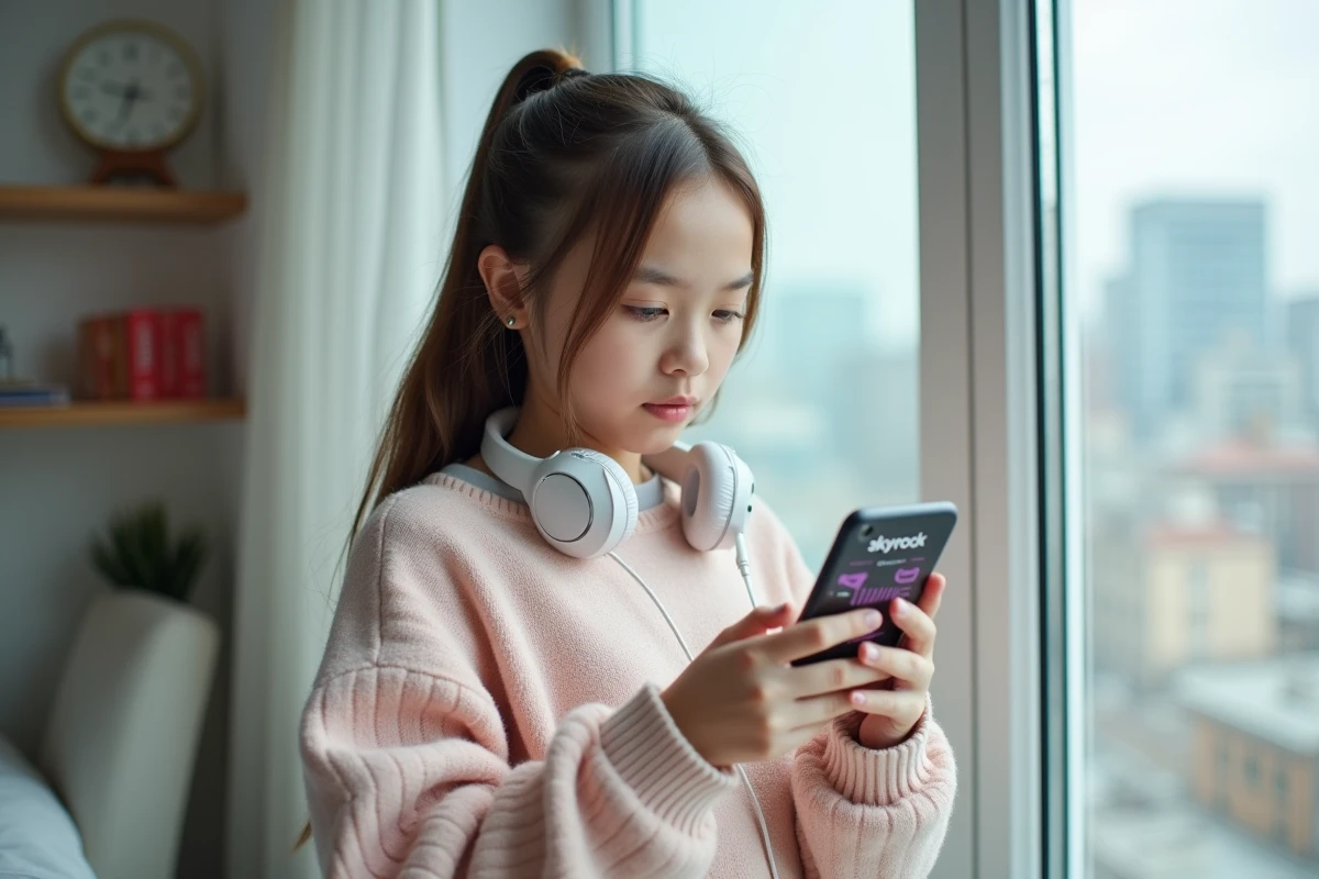 Adolescente utilisant l'application Skyrock sur smartphone près d'une fenêtre en appartement moderne
