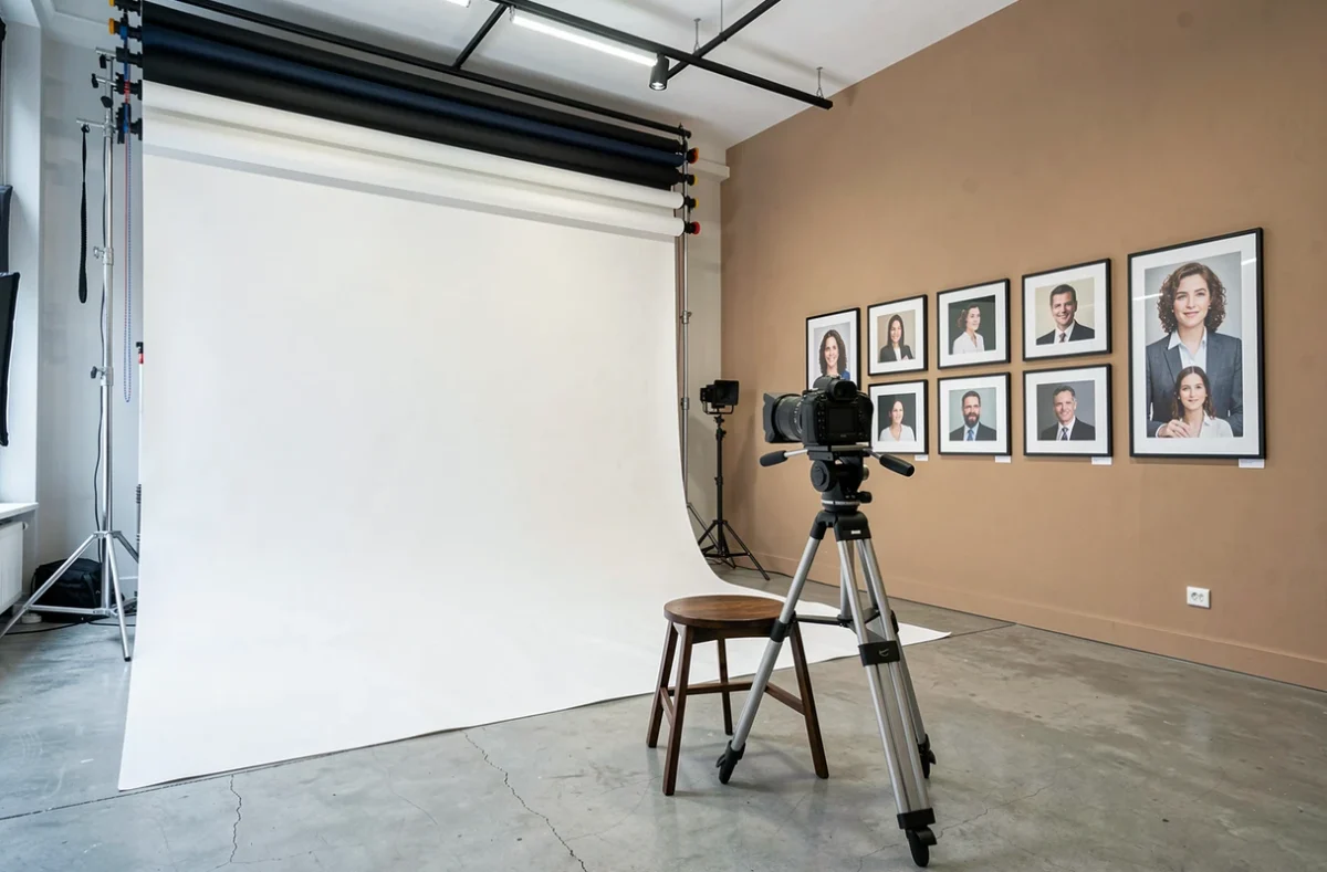 Intérieur du studio photo professionnel Agen Photo Minute avec fond blanc et équipement photographique à Agen