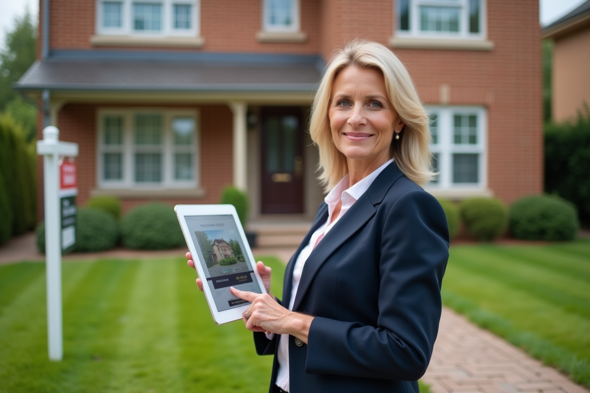 Agent immobilier avec maison en contexte extérieur