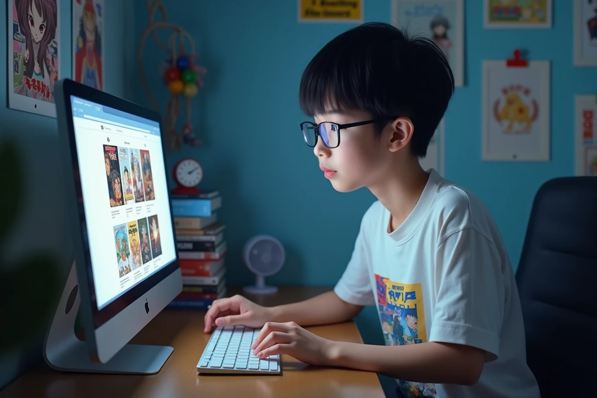 Adolescent explorant des alternatives à un site de manga indisponible avec plusieurs onglets ouverts sur son ordinateur de bureau dans sa chambre
