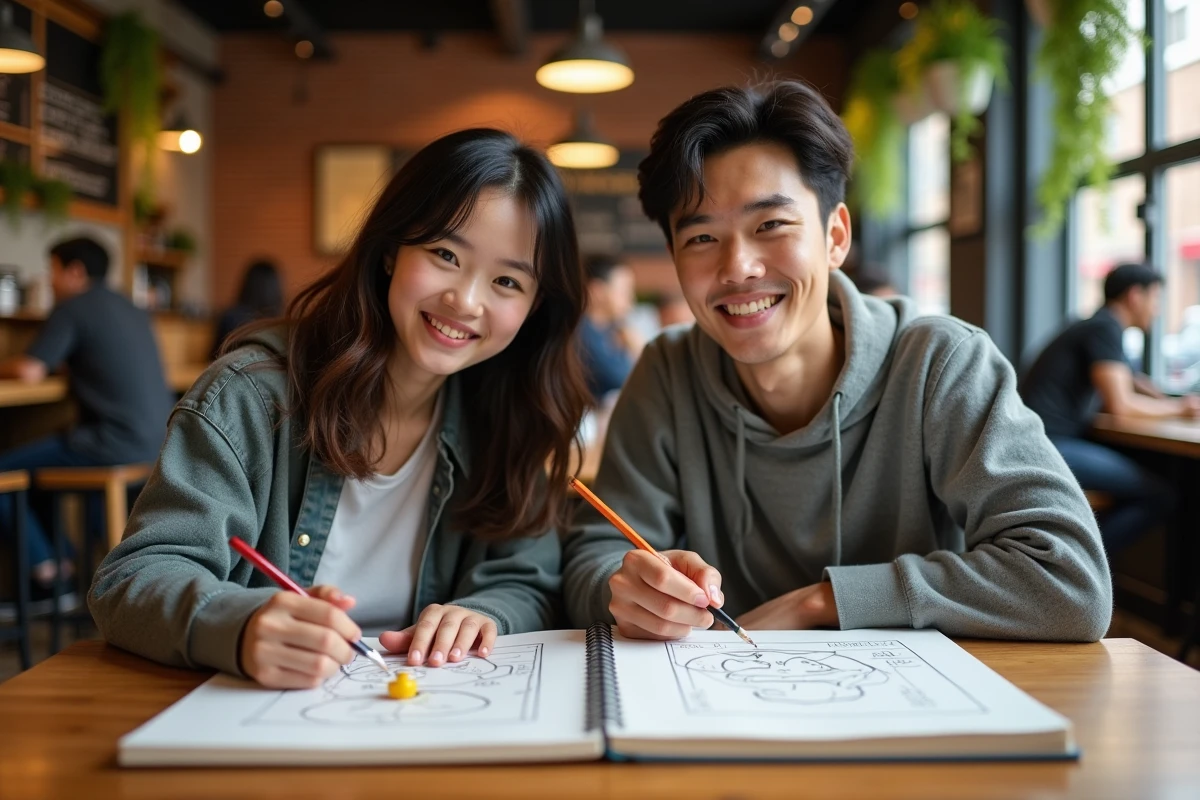 Deux amis artistes comparant leurs dessins de personnage manga Mew avec guides de proportions et expressions dans un café indépendant