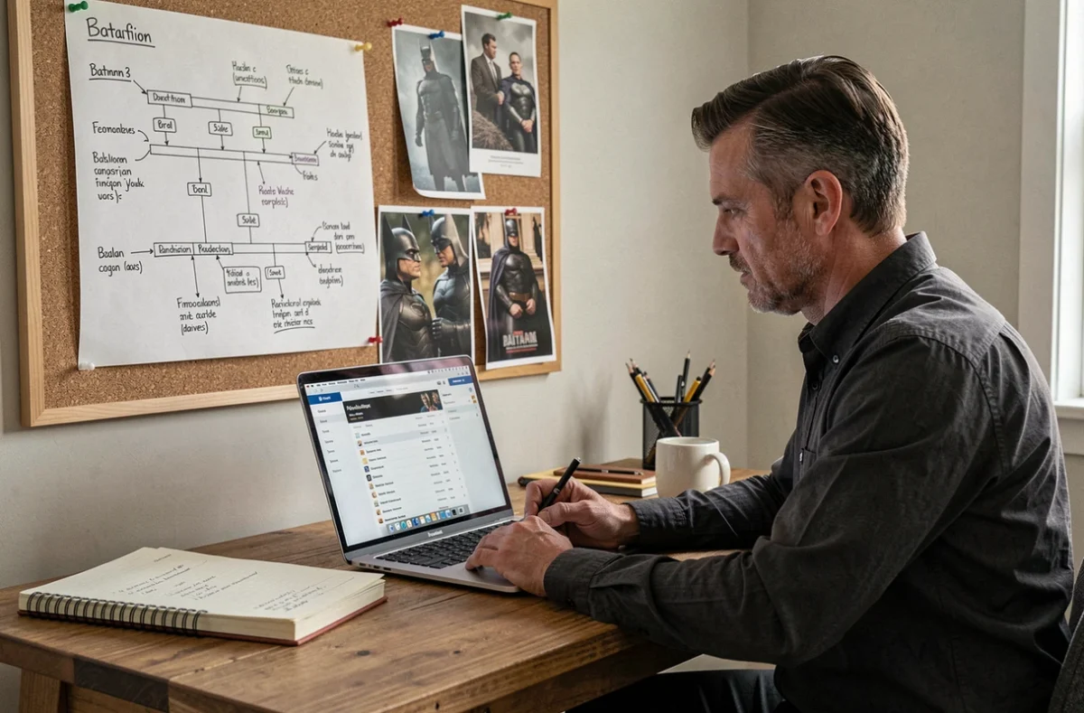 Homme analysant une chronologie annotée des adaptations cinématographiques de Batman sur un tableau en liège dans un bureau à domicile
