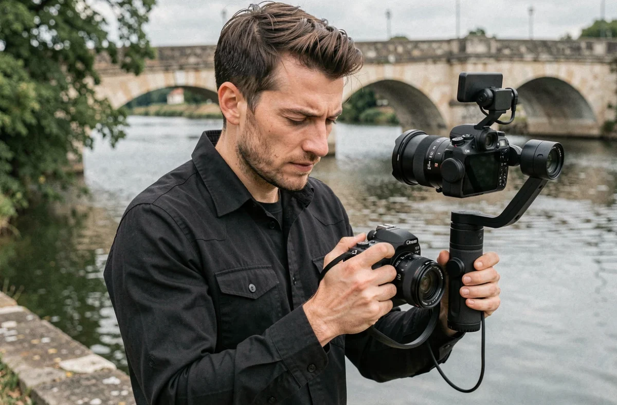 Antonio FilmMaker opérant avec appareil photo et caméra sur gimbal au bord d'une rivière en Lot-et-Garonne