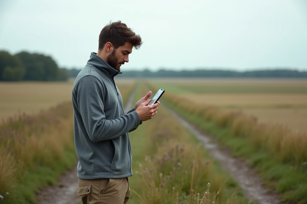Jeune homme consultant une application de mesure de surface parcelle en hectares dans une prairie rurale
