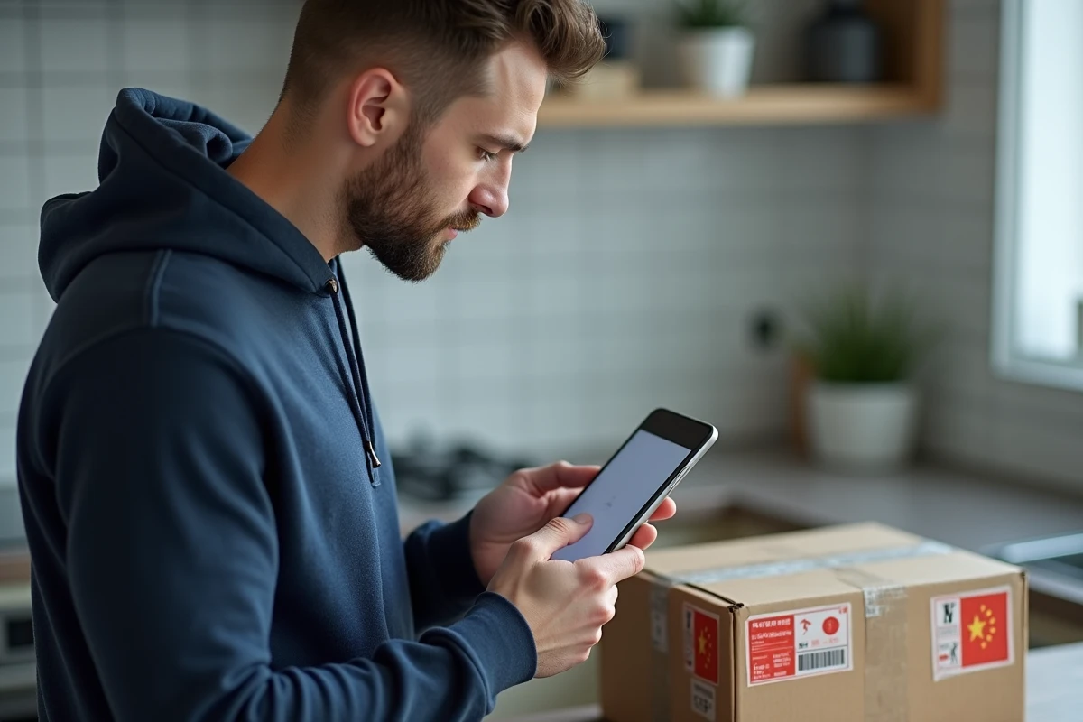 Homme consultant une application de suivi de colis China Post sur son smartphone à côté d'un paquet avec étiquette postale chinoise
