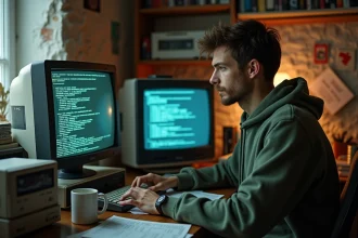 Jeune homme nostalgique consultant une archive de forum JVC sur un écran CRT rétro dans un bureau encombré d'objets des années 2000