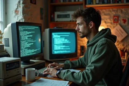 Jeune homme nostalgique consultant une archive de forum JVC sur un écran CRT rétro dans un bureau encombré d'objets des années 2000