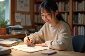 Artiste dessinant un personnage manga style Mew sur une feuille d'illustration dans un studio artistique cosy rempli de livres de référence manga