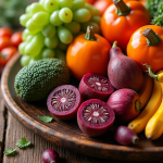 Assortiment coloré de fruits et légumes Ushaped sur une table en bois