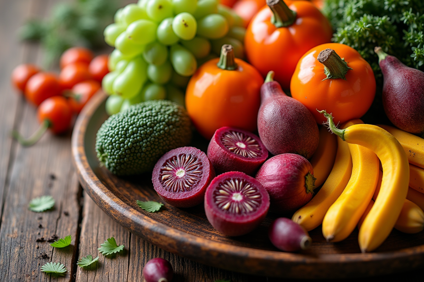 Assortiment coloré de fruits et légumes Ushaped sur une table en bois