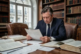 Avocat étudiant un dossier juridique complexe dans un bureau parisien traditionnel, entouré de livres de droit et de notes manuscrites