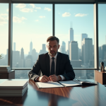 Avocat confiant dans un bureau moderne avec vue sur la ville