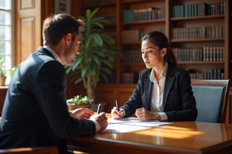 Avocats en discussion de dossiers dans un bureau élégant
