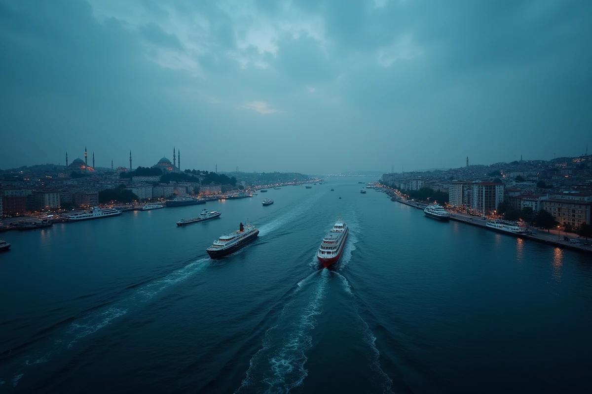 Vue panoramique du détroit du Bosphore à Istanbul séparant l'Europe et l'Asie au crépuscule