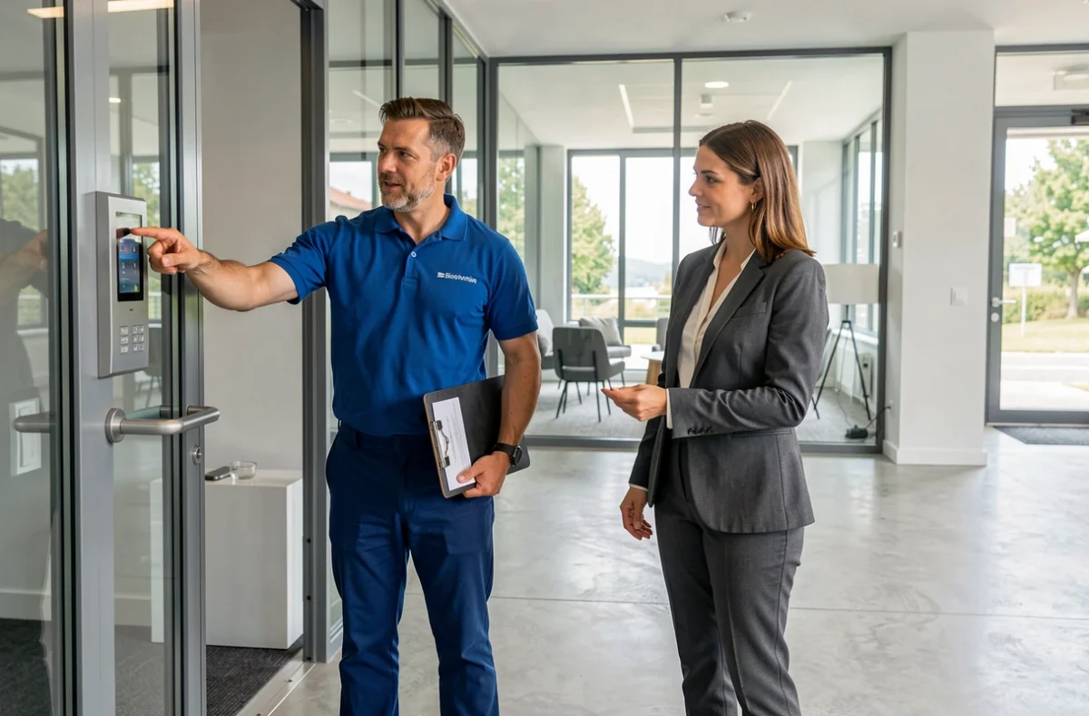 Technicien Building Service inspectant un système de contrôle d'accès dans un bâtiment professionnel de la Drôme
