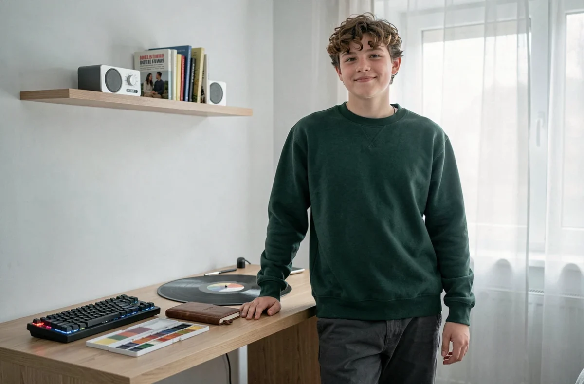 Jeune homme de 17 ans devant un bureau minimaliste avec des cadeaux originaux pour ado introverti comme un clavier mécanique, un vinyle et un carnet en cuir