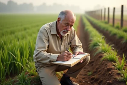 Agriculteur calculant la surface d'un champ en hectares avec un carnet de notes au bord d'une parcelle cultivée