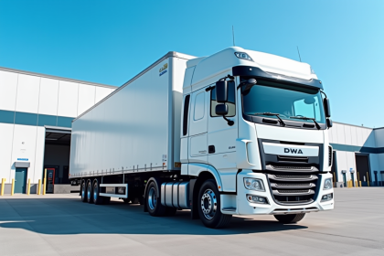 Camion neuf de 15 tonnes devant un entrepôt moderne