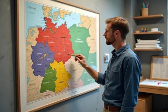 Cartographe pointant une carte détaillée de l'Allemagne avec codes couleurs par Land dans un studio de cartographie moderne