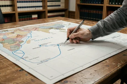 Cartographe examinant une carte détaillée des frontières maritimes entre Mayotte et les Comores dans l'océan Indien