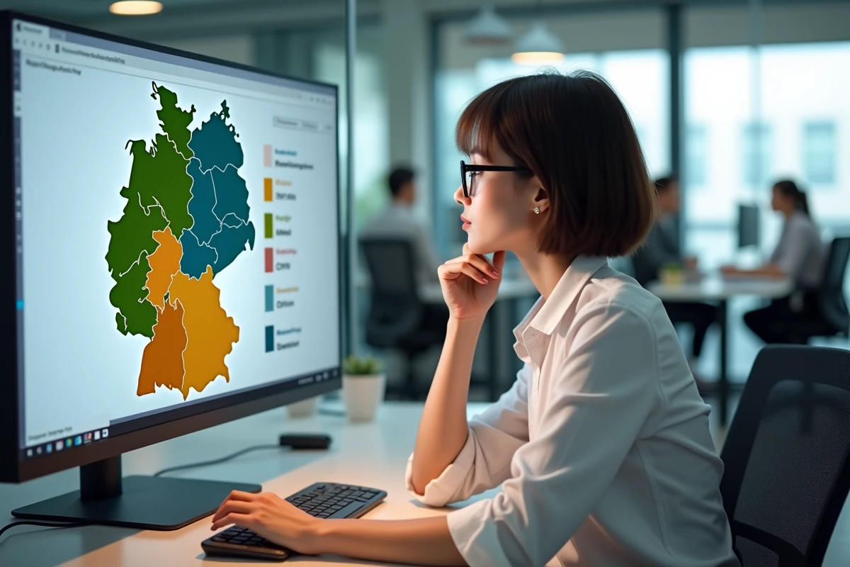 Femme analysant une carte numérique interactive de l'Allemagne avec codes couleurs par Land sur un grand écran de bureau