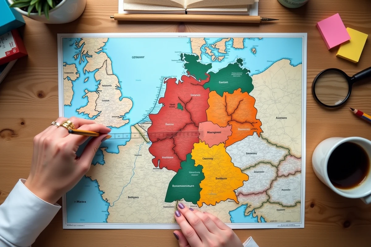 Vue aérienne d'une carte politique détaillée de l'Allemagne avec les 16 Länder en codes couleurs sur un bureau en bois