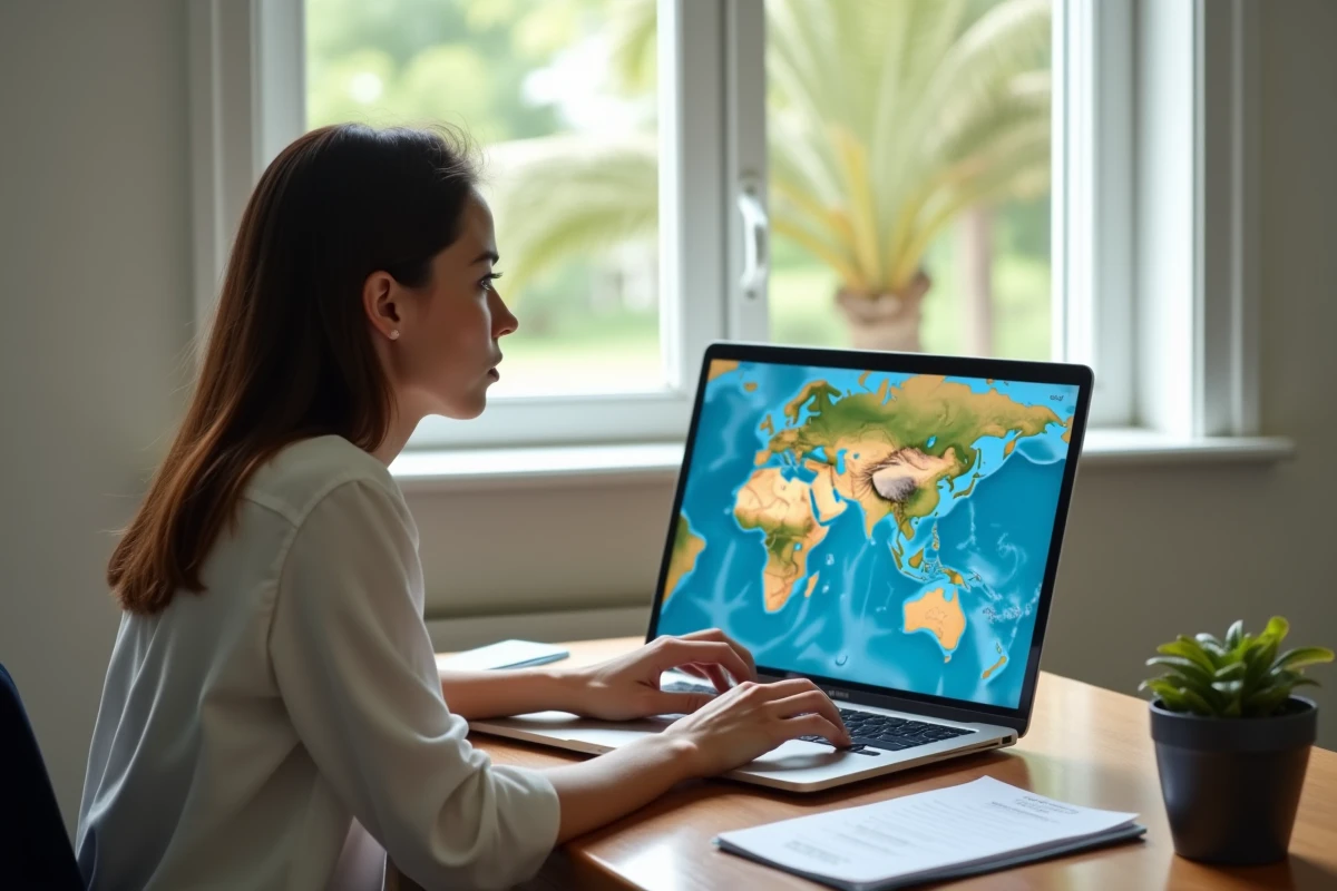 Femme consultant une carte des territoires français d'outre-mer sur ordinateur dans un bureau à La Réunion