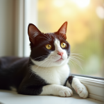 Chat noir et blanc allongé sur une fenêtre lumineuse