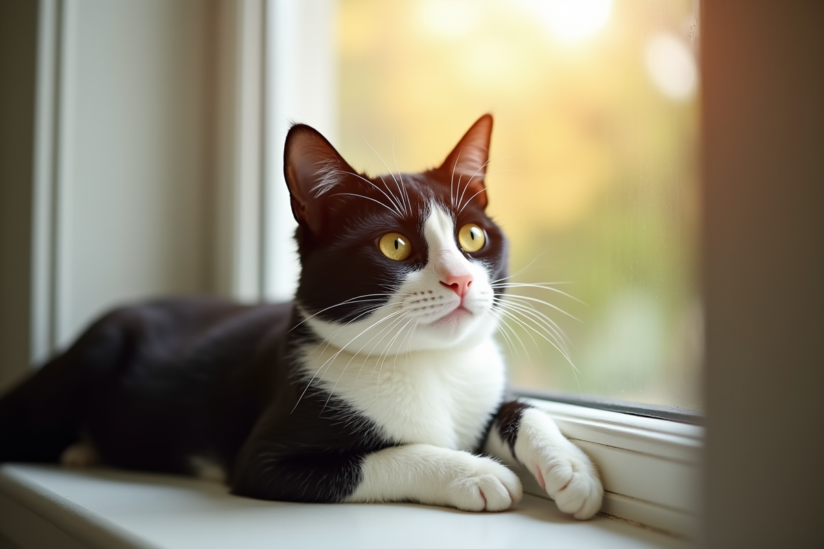 Chat noir et blanc allongé sur une fenêtre lumineuse