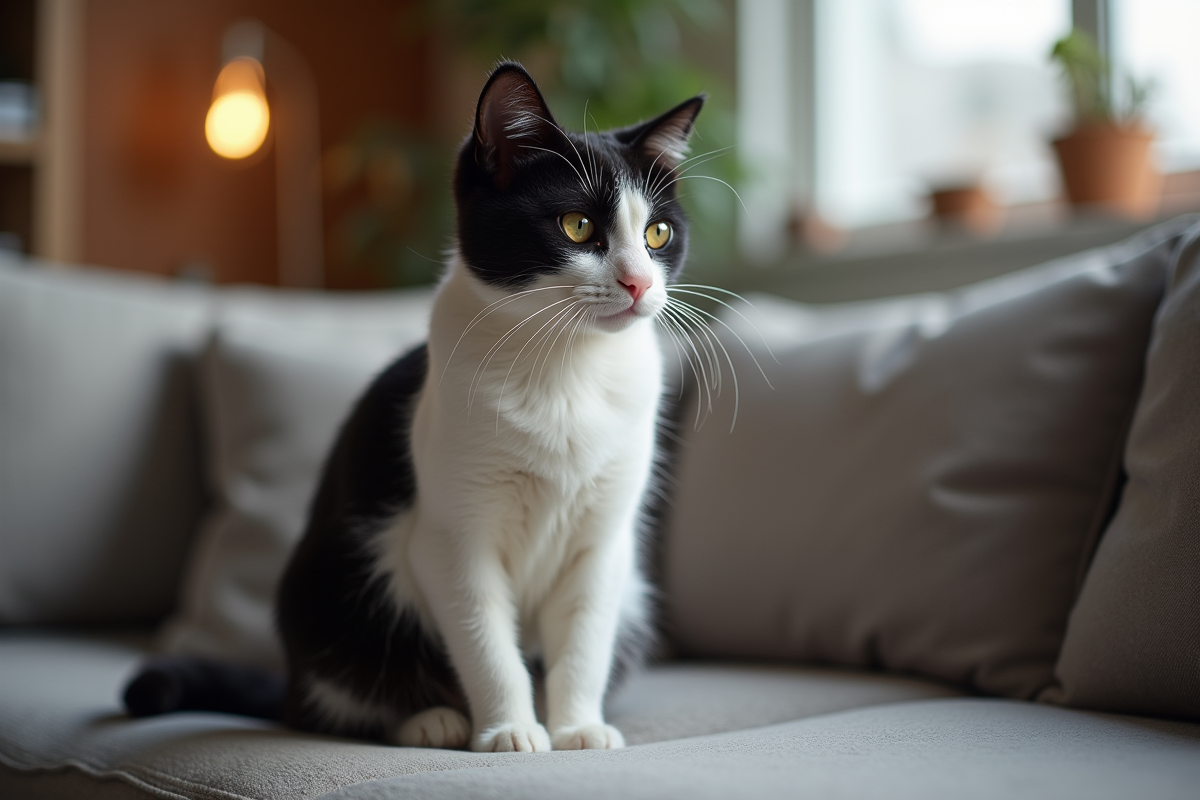 Chat noir et blanc assis sur un canapé moderne intérieur