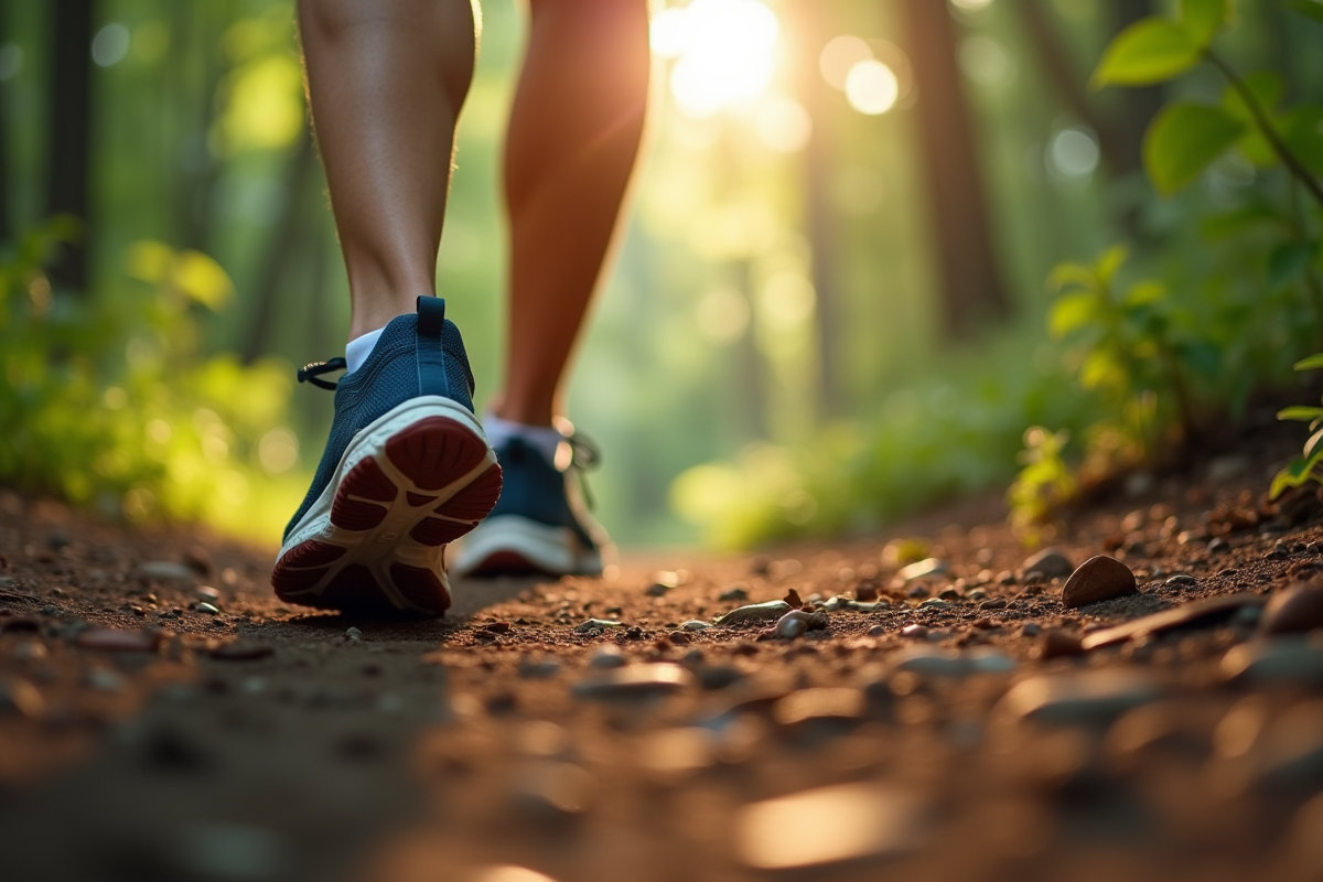 Détail de chaussures de sport sur un sentier forestier naturel