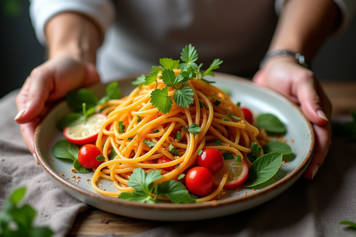Chef dressant des vermicelles de légumes colorés sur une assiette