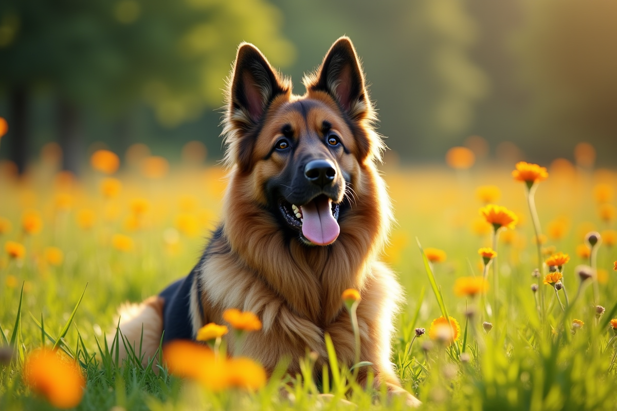 Chien berger allemand et Newfoundland dans un parc ensoleille