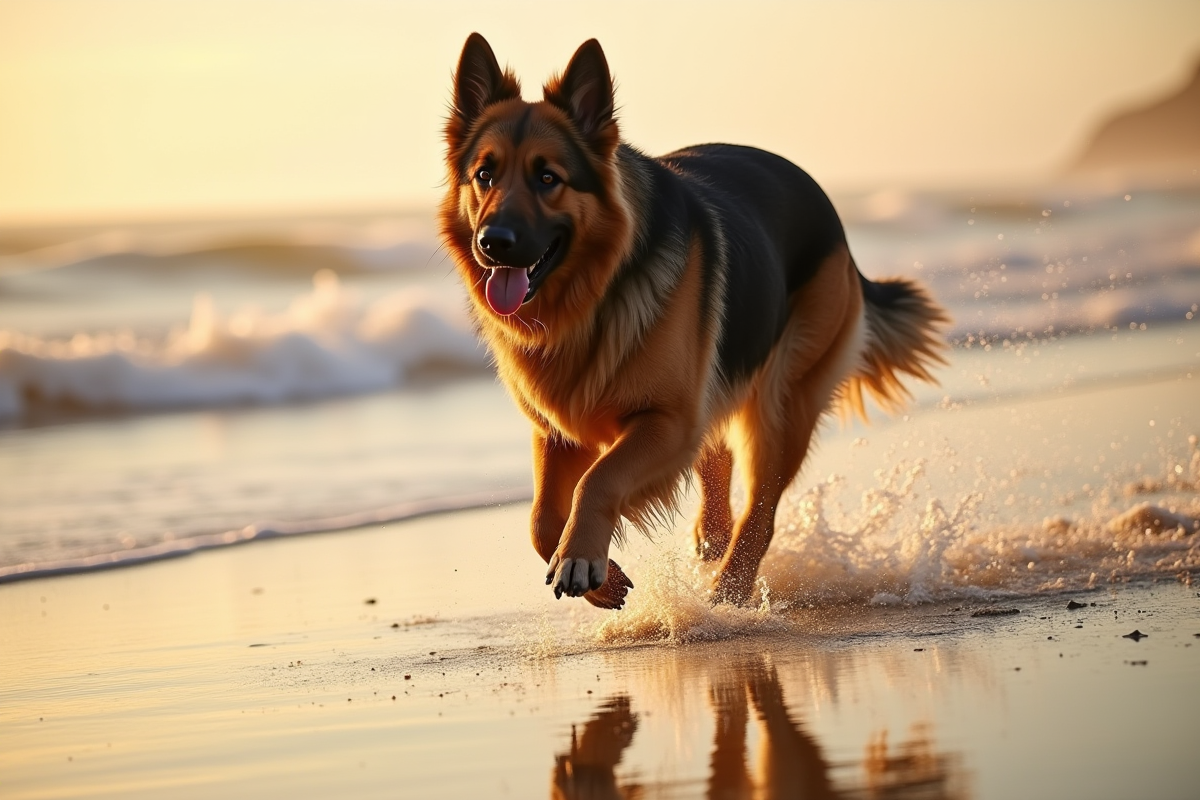 Chien mix berger Newfoundland courant sur la plage au coucher de soleil
