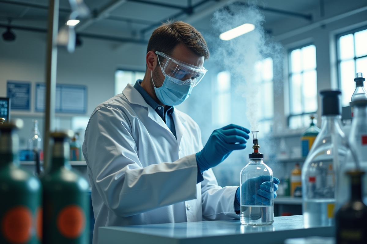 Chimiste en protection manipulant des verreries avec vapeur d