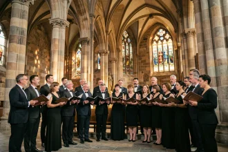 Chœur alsacien chantant La Strasbourgeoise dans une cathédrale gothique en grès rouge