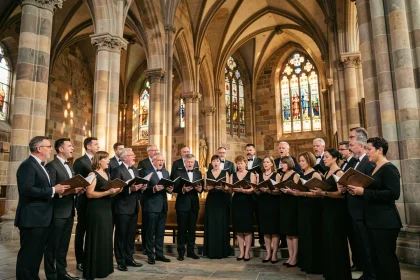 Chœur alsacien chantant La Strasbourgeoise dans une cathédrale gothique en grès rouge