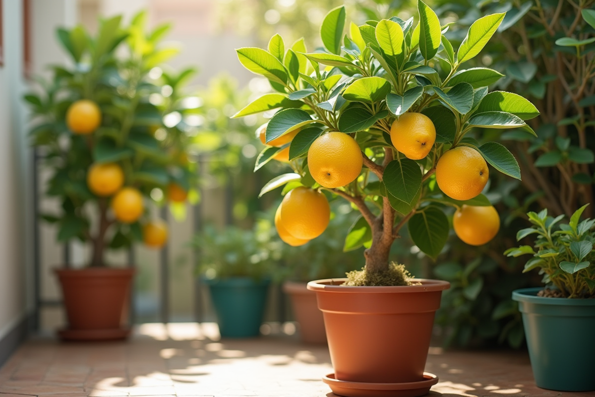Citronnier en pot sur balcon ensoleille avec feuillage vert