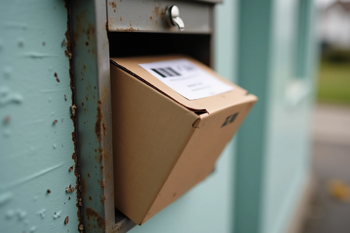 Colis de retour coincé dans une boîte aux lettres avec étiquette de retour visible