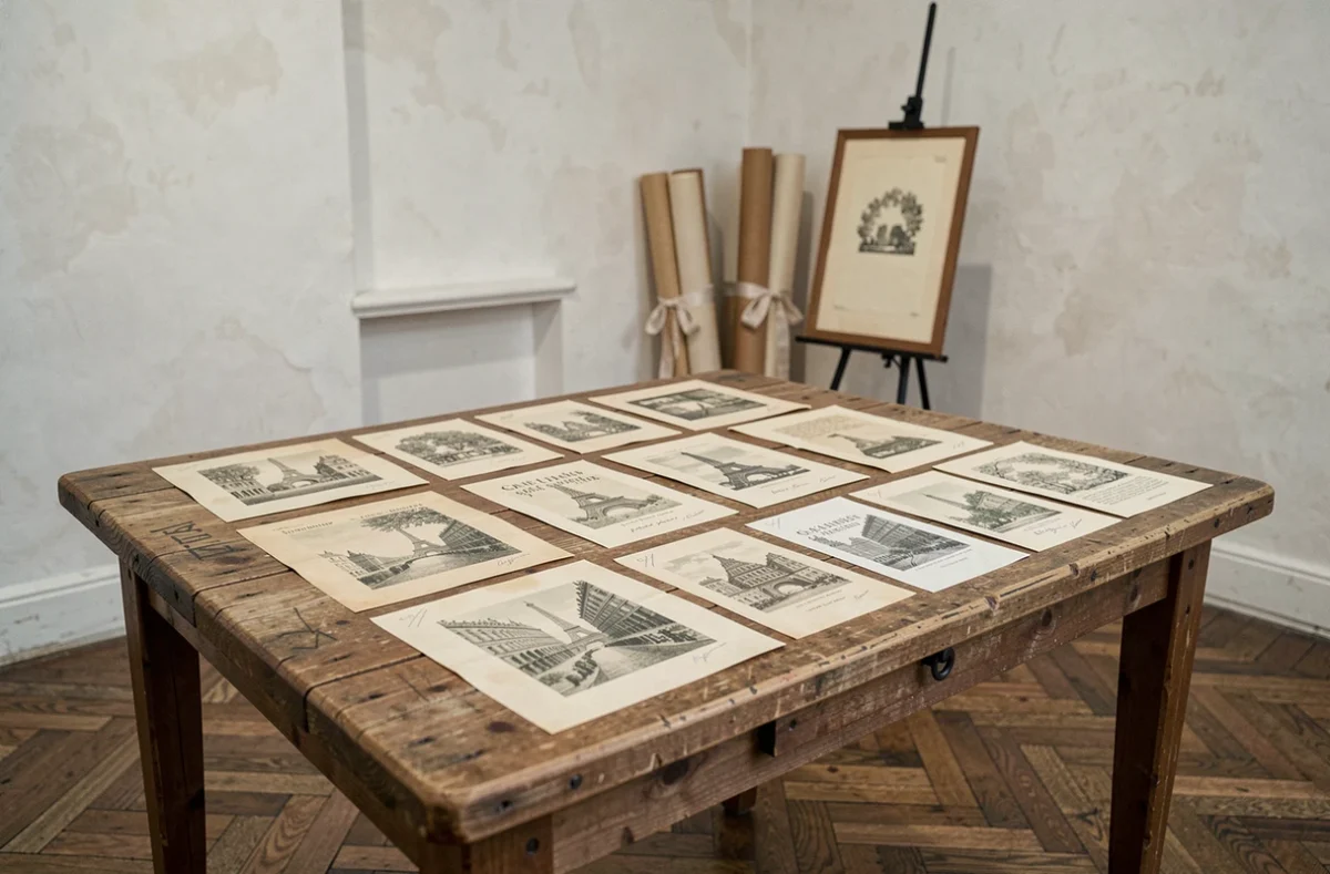 Collection d'estampes lithographiques parisiennes vintage exposées dans une galerie d'art avec parquet en chêne et murs blancs