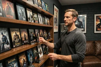 Collectionneur arrangeant des affiches et figurines des films Batman en ordre chronologique sur des étagères en bois dans une salle de cinéma maison