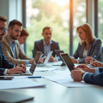 Groupe de membres en réunion dans un bureau lumineux