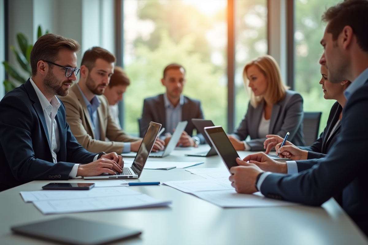 Groupe de membres en réunion dans un bureau lumineux