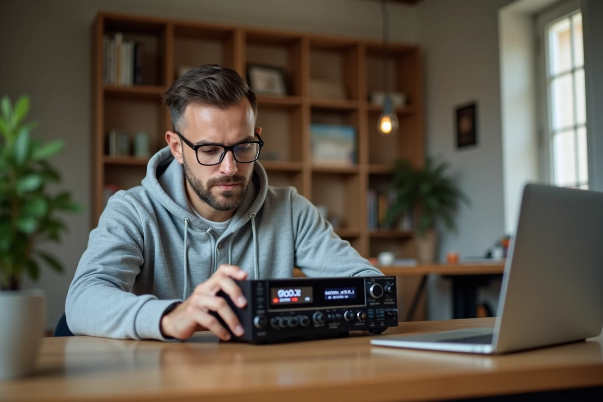Homme comparant la radio FM traditionnelle et l'application Skyrock sur ordinateur dans un bureau à domicile