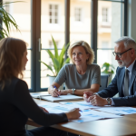 Conseiller financier avec couple dans un bureau lumineux